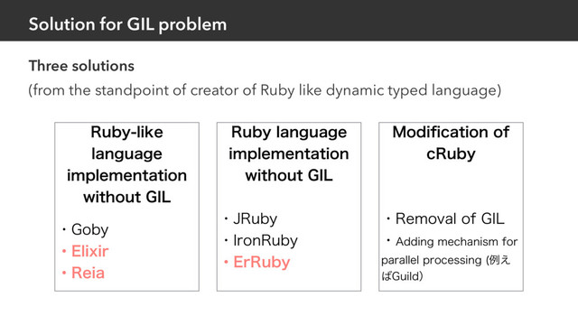 Solution for GIL problem
Three solutions
(from the standpoint of creator of Ruby like dynamic typed language)
3VCZMJLF
MBOHVBHF
JNQMFNFOUBUJPO
XJUIPVU(*-
ɾ(PCZ
ɾ&MJYJS
ɾ3FJB
3VCZMBOHVBHF
JNQMFNFOUBUJPO
XJUIPVU(*-
ɾ+3VCZ
ɾ*SPO3VCZ
ɾ&S3VCZ
.PEJpDBUJPOPG
D3VCZ
ɾ3FNPWBMPG(*-
ɾ"EEJOHNFDIBOJTNGPS
QBSBMMFMQSPDFTTJOH ྫ͑
͹(VJMEʣ
