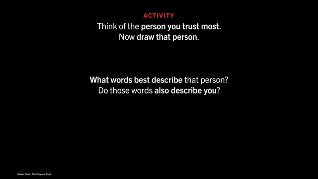 Cassini Nazir · The Shape of Trust
ACTIVITY
Think of the person you trust most.
Now draw that person.
What words best describe that person?
Do those words also describe you?
