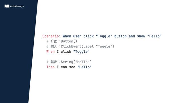 Scenario
When
Then
:
I click
I can see
When user click "Toggle" button and show "Hello"

"Toggle"


"Hello"
# 介面：Button()

# 輸入：ClickEvent(Label="Toggle")

# 輸出：String("Hello")

