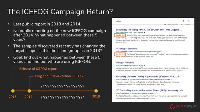 The ICEFOG Campaign Return?
• Last public report in 2013 and 2014.
• No public reporting on the new ICEFOG campaign
after 2014. What happened between these 5
years?
• The samples discovered recently has changed the
target scope. Is this the same group as in 2013?
• Goal: find out what happened between these 5
years and find out who are using ICEFOG.
Release of ICEFOG report
Blog about Java version ICEFOG.
2013 2014 2019
?????????????????????????
?????????????????????????
