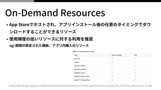 On-Demand Resources
• App Storeでホストされ、アプリインストール後の任意のタイミングでダウ
ンロードすることができるリソース


• 使⽤頻度の低いリソースに対する利⽤を推奨
 
eg) 期間の限定された機能、アプリ内購⼊のリソース
https://developer.apple.com/library/archive/documentation/FileManagement/Conceptual/On_Demand_Resources_Guide
