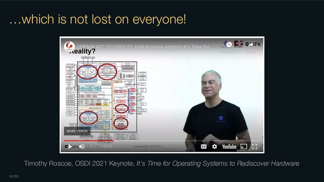 OXIDE
…which is not lost on everyone!
Timothy Roscoe, OSDI 2021 Keynote, It's Time for Operating Systems to Rediscover Hardware
