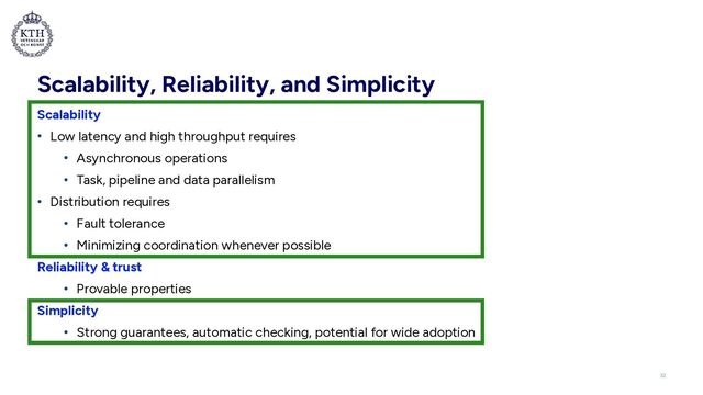 Scalability, Reliability, and Simplicity
Scalability


• Low latency and high throughput requires


• Asynchronous operations


• Task, pipeline and data parallelism


• Distribution requires


• Fault tolerance


• Minimizing coordination whenever possible


Reliability & trust


• Provable properties


Simplicity


• Strong guarantees, automatic checking, potential for wide adoption
32
