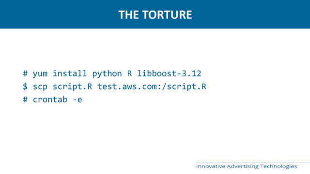 THE TORTURE
# yum install python R libboost-3.12
$ scp script.R test.aws.com:/script.R
# crontab -e
