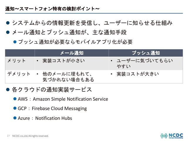通知〜スマートフォン特有の検討ポイント〜
l システムからの情報更新を受信し、ユーザーに知らせる仕組み
l メール通知とプッシュ通知が、主な通知手段
l プッシュ通知が必要ならモバイルアプリ化が必要
l 各クラウドの通知実装サービス
l AWS：Amazon Simple Notification Service
l GCP：Firebase Cloud Messaging
l Azure：Notification Hubs
27
メール通知 プッシュ通知
メリット • 実装コストが小さい • ユーザーに気づいてもらい
やすい
デメリット • 他のメールに埋もれて、
気づかれない場合もある
• 実装コストが大きい
