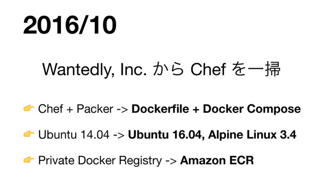 2016/10
 Chef + Packer -> Dockerﬁle + Docker Compose

 Ubuntu 14.04 -> Ubuntu 16.04, Alpine Linux 3.4
 Private Docker Registry -> Amazon ECR
Wantedly, Inc. ͔Β Chef ΛҰ૟
