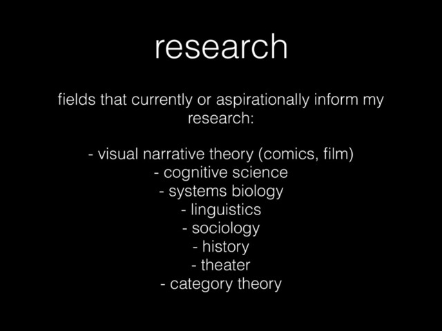 research
ﬁelds that currently or aspirationally inform my
research:
- visual narrative theory (comics, ﬁlm) 
- cognitive science 
- systems biology 
- linguistics 
- sociology 
- history 
- theater 
- category theory
