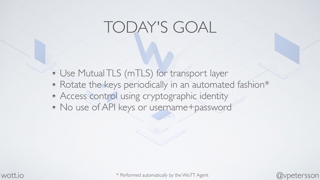TODAY'S GOAL
Use Mutual TLS (mTLS) for transport layer
Rotate the keys periodically in an automated fashion*
Access control using cryptographic identity
No use of API keys or username+password
@vpetersson
wott.io * Performed automatically by the WoTT Agent
