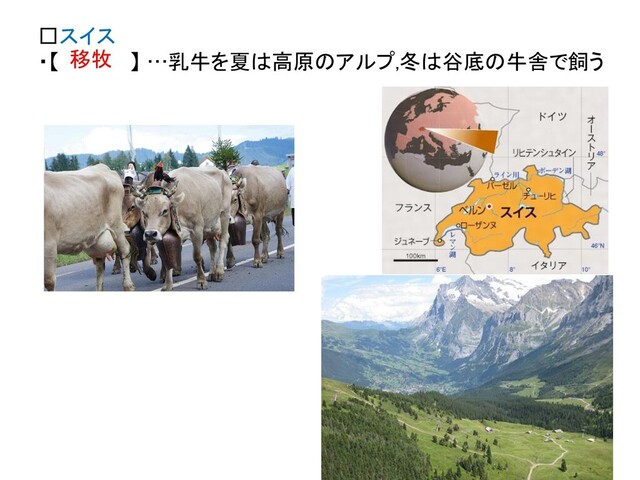 □スイス
・【 】 …乳牛を夏は高原のアルプ,冬は谷底の牛舎で飼う
移牧
