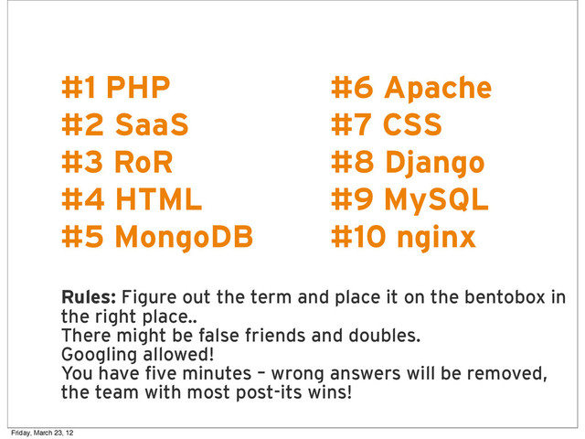 R
#1 PHP
#2 SaaS
#3 RoR
#4 HTML
#5 MongoDB
Rules: Figure out the term and place it on the bentobox in
the right place..
There might be false friends and doubles.
Googling allowed!
You have five minutes – wrong answers will be removed,
the team with most post-its wins!
#6 Apache
#7 CSS
#8 Django
#9 MySQL
#10 nginx
Friday, March 23, 12
