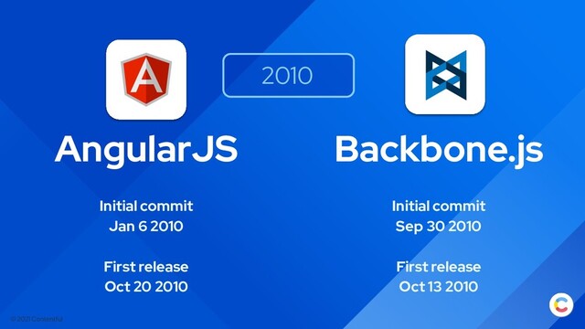 © 2021 Contentful
Backbone.js
Initial commit
Sep 30 2010
First release
Oct 13 2010
AngularJS
Initial commit
Jan 6 2010
First release
Oct 20 2010
2010
