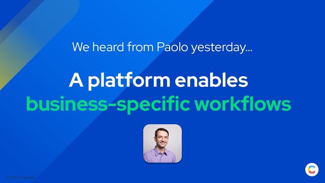 © 2021 Contentful
A platform enables
business-specific workflows
We heard from Paolo yesterday…
