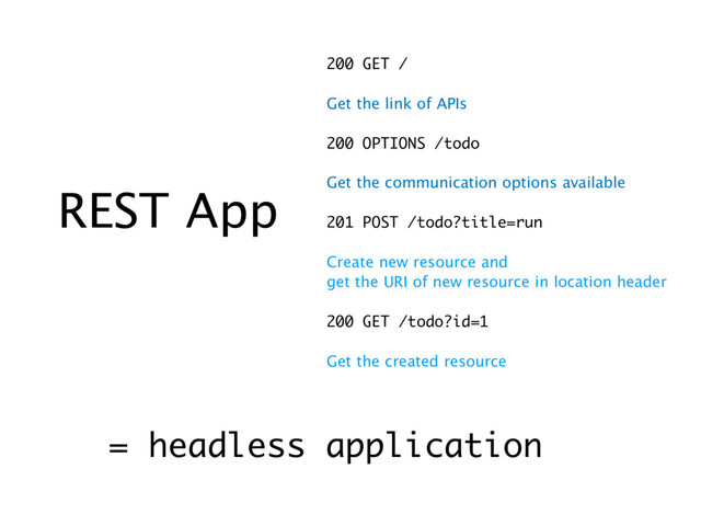200 GET / 
 
Get the link of APIs 
200 OPTIONS /todo
Get the communication options available
201 POST /todo?title=run
Create new resource and
get the URI of new resource in location header 
200 GET /todo?id=1 
 
Get the created resource 
= headless application
REST App
