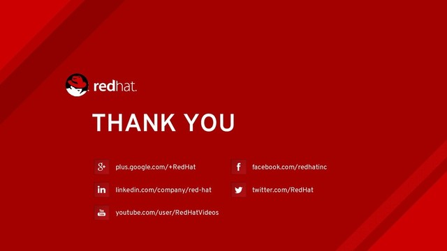 THANK YOU
plus.google.com/+RedHat
linkedin.com/company/red-hat
youtube.com/user/RedHatVideos
facebook.com/redhatinc
twitter.com/RedHat
