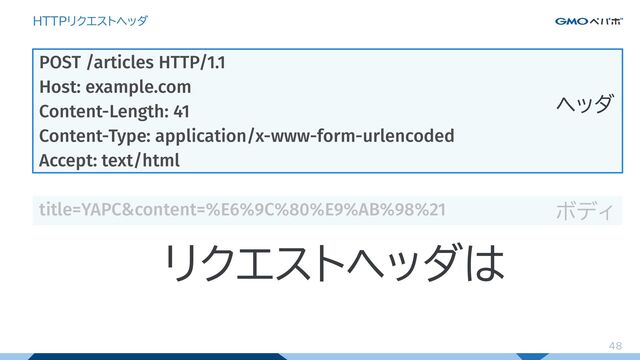 48
HTTPリクエストヘッダ
POST /articles HTTP/1.1
Host: example.com
Content-Length: 41
Content-Type: application/x-www-form-urlencoded
Accept: text/html
title=YAPC&content=%E6%9C%80%E9%AB%98%21
ヘッダ
ボディ
リクエストヘッダは
