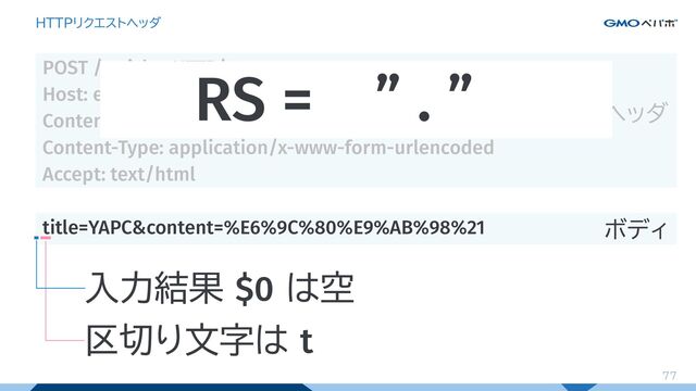 77
HTTPリクエストヘッダ
POST /articles HTTP/1.1
Host: example.com
Content-Length: 41
Content-Type: application/x-www-form-urlencoded
Accept: text/html
title=YAPC&content=%E6%9C%80%E9%AB%98%21
ヘッダ
ボディ
RS = ” . ”...
入力結果 $0 は空
区切り文字は t
