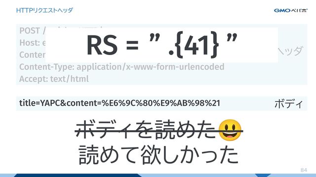84
HTTPリクエストヘッダ
POST /articles HTTP/1.1
Host: example.com
Content-Length: 41
Content-Type: application/x-www-form-urlencoded
Accept: text/html
title=YAPC&content=%E6%9C%80%E9%AB%98%21
ヘッダ
ボディ
RS = ” .{41} ”
ボディを読めた😃
読めて欲しかった
