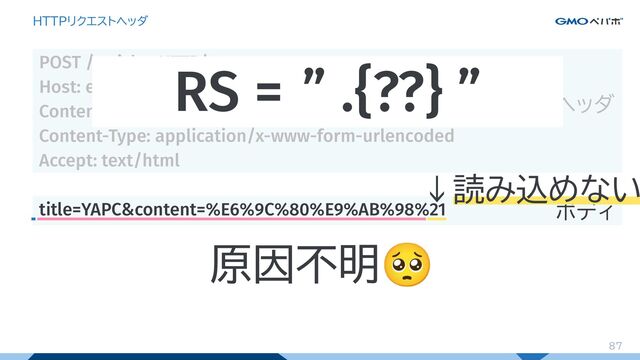 87
HTTPリクエストヘッダ
POST /articles HTTP/1.1
Host: example.com
Content-Length: 41
Content-Type: application/x-www-form-urlencoded
Accept: text/html
title=YAPC&content=%E6%9C%80%E9%AB%98%21
ヘッダ
ボディ
RS = ” .{??} ”
87
87
↓読み込めない
原因不明🥺
