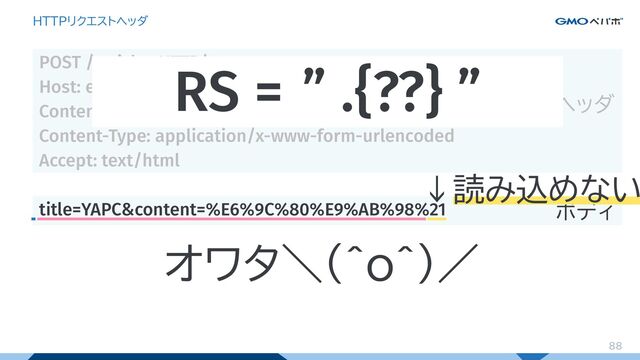 88
HTTPリクエストヘッダ
POST /articles HTTP/1.1
Host: example.com
Content-Length: 41
Content-Type: application/x-www-form-urlencoded
Accept: text/html
title=YAPC&content=%E6%9C%80%E9%AB%98%21
ヘッダ
ボディ
RS = ” .{??} ”
88
88
↓読み込めない
オワタ＼(^o^)／
