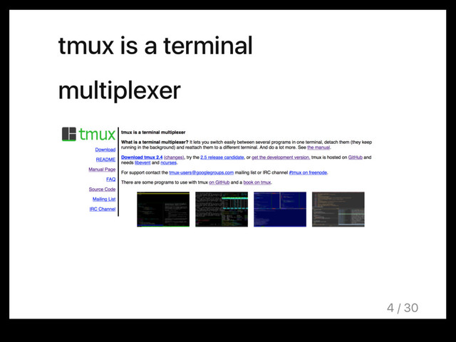 tmux is a terminal
multiplexer
4 / 30
