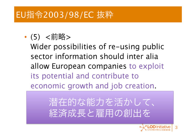 EUࢦྩ2003/98/EC ൈਮ
•  (5) <લུ>  
Wider possibilities of re-using public
sector information should inter alia
allow European companies to exploit
its potential and contribute to
economic growth and job creation.

જࡏతͳೳྗΛ׆͔ͯ͠ɺ 
ܦࡁ੒௕ͱޏ༻ͷ૑ग़Λ
