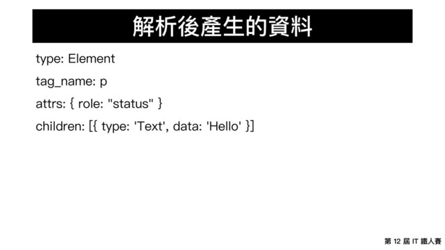 第 12 屆 IT 鐵⼈賽
解析後產⽣的資料
type: Element
tag_name: p
attrs: { role: "status" }
children: [{ type: 'Text', data: 'Hello' }]
