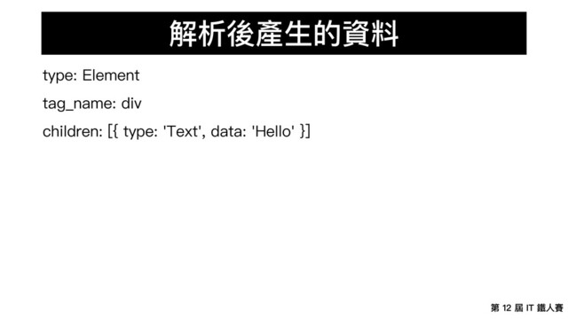 第 12 屆 IT 鐵⼈賽
解析後產⽣的資料
type: Element
tag_name: div
children: [{ type: 'Text', data: 'Hello' }]
