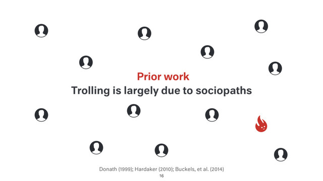 Donath (1999); Hardaker (2010); Buckels, et al. (2014)
Trolling is largely due to sociopaths
Prior work
16

