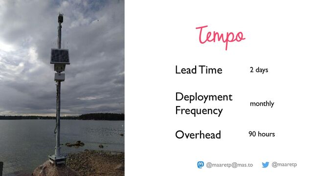 @maaretp
@maaretp@mas.to
Tempo
Lead Time
Deployment
Frequency
2 days
monthly
Overhead 90 hours
