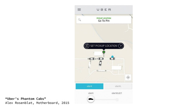 “Uber’s Phantom Cabs”
Alex Rosenblat, Motherboard, 2015
