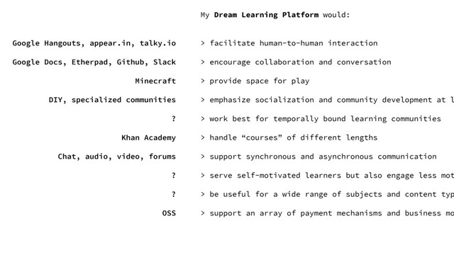 Google Hangouts, appear.in, talky.io
Google Docs, Etherpad, Github, Slack
Minecraft
DIY, specialized communities
?
Khan Academy
Chat, audio, video, forums
?
?
OSS
My Dream Learning Platform would:
> facilitate human-to-human interaction
> encourage collaboration and conversation
> provide space for play
> emphasize socialization and community development at l
> work best for temporally bound learning communities
> handle “courses” of different lengths
> support synchronous and asynchronous communication
> serve self-motivated learners but also engage less mot
> be useful for a wide range of subjects and content typ
> support an array of payment mechanisms and business mo
