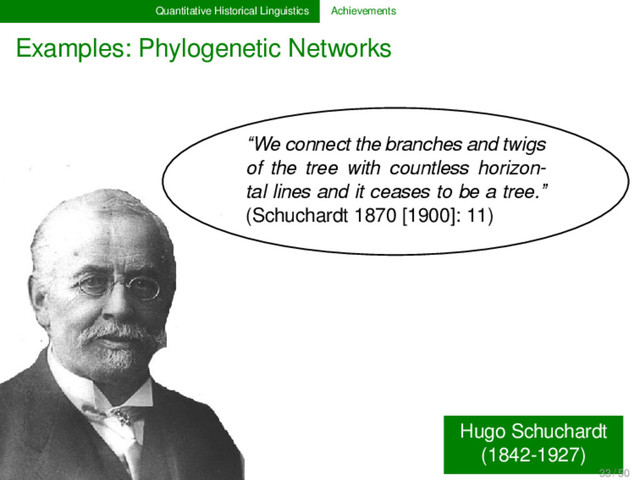 Quantitative Historical Linguistics Achievements
Examples: Phylogenetic Networks
Hugo Schuchardt
(1842-1927)
“We connect the branches and twigs
of the tree with countless horizon-
tal lines and it ceases to be a tree.”
(Schuchardt 1870 [1900]: 11)
33 / 50
