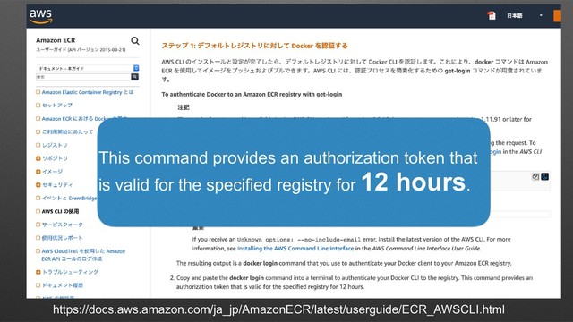 https://docs.aws.amazon.com/ja_jp/AmazonECR/latest/userguide/ECR_AWSCLI.html
This command provides an authorization token that
is valid for the specified registry for 12 hours.
