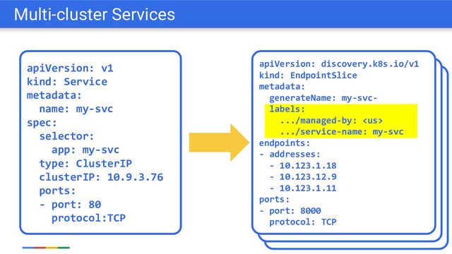 apiVersion: v1
kind: Service
metadata:
name: my-svc
spec:
selector:
app: my-svc
type: ClusterIP
clusterIP: 10.9.3.76
ports:
- port: 80
protocol:TCP
Multi-cluster Services
apiVersion: discovery.k8s.io/v1
kind: EndpointSlice
metadata:
generateName: my-svc-
labels:
.../managed-by: 
.../service-name: my-svc
endpoints:
- addresses:
- 10.123.1.18
- 10.123.12.9
- 10.123.1.11
ports:
- port: 8000
protocol: TCP
