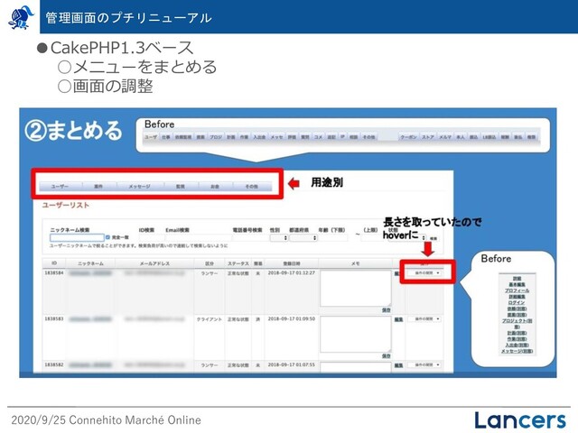 2020/9/25 Connehito Marché Online
●CakePHP1.3ベース
○メニューをまとめる
○画面の調整
管理画面のプチリニューアル
