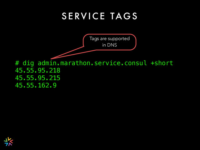 S E RV I C E TAG S
# dig admin.marathon.service.consul +short
45.55.95.218
45.55.95.215
45.55.162.9
Tags are supported
in DNS
