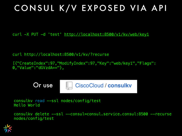 C O N S U L K / V E X P O S E D V I A A P I
curl -X PUT -d 'test' http://localhost:8500/v1/kv/web/key1
curl http://localhost:8500/v1/kv/?recurse
[{"CreateIndex":97,"ModifyIndex":97,"Key":"web/key1","Flags":
0,"Value":"dGVzdA=="},
Or use
consulkv read --ssl nodes/config/test
Hello World
consulkv delete --ssl --consul=consul.service.consul:8500 --recurse
nodes/config/test
