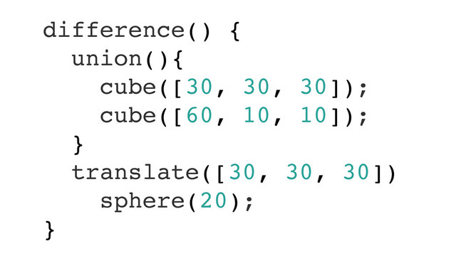 difference() {!
union(){!
cube([30, 30, 30]);!
cube([60, 10, 10]);!
}!
translate([30, 30, 30])!
sphere(20);!
}
