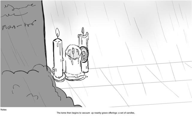 Notes
The tome then begins to vacuum up nearby grave offerings: a set of candles,
