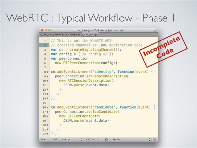 WebRTC : Typical Workﬂow - Phase 1
Incomplete
Code
