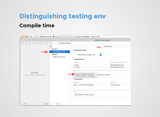 Distinguishing testing env
Distinguishing testing env
Compile time
Compile time
