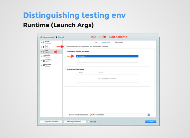 Distinguishing testing env
Distinguishing testing env
Runtime (Launch Args)
Runtime (Launch Args)
