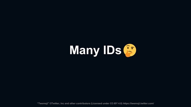 Many IDs
“Twemoji” ©Twitter, Inc and other contributors (Licensed under CC-BY 4.0) https://twemoji.twitter.com/
