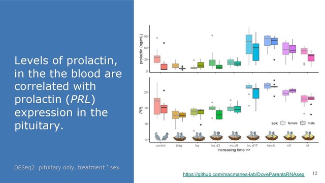 Levels of prolactin,
in the the blood are
correlated with
prolactin (PRL)
expression in the
pituitary.
12
https://github.com/macmanes-lab/DoveParentsRNAseq
DESeq2: pituitary only, treatment * sex

