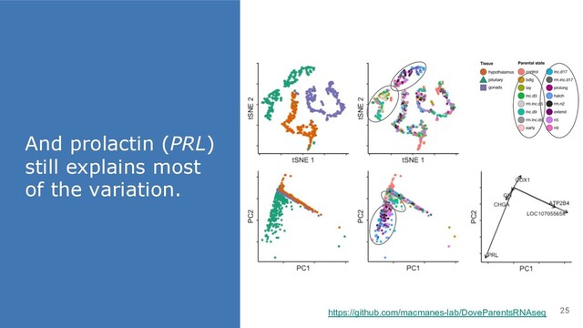 And prolactin (PRL)
still explains most
of the variation.
25
https://github.com/macmanes-lab/DoveParentsRNAseq
