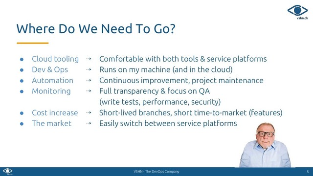 VSHN - The DevOps Company
● Cloud tooling
● Dev & Ops
● Automation
● Monitoring
● Cost increase
● The market
5
5
Where Do We Need To Go?
⇢ Comfortable with both tools & service platforms
⇢ Runs on my machine (and in the cloud)
⇢ Continuous improvement, project maintenance
⇢ Full transparency & focus on QA
(write tests, performance, security)
⇢ Short-lived branches, short time-to-market (features)
⇢ Easily switch between service platforms
