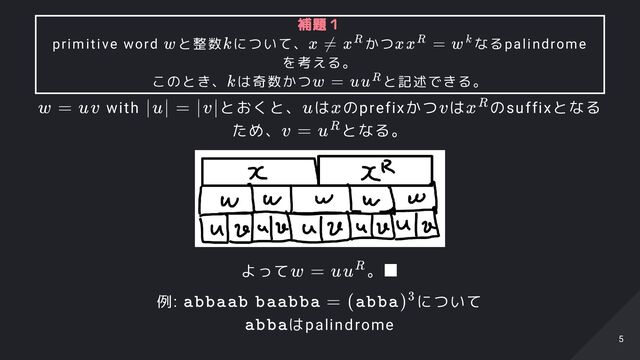 with とおくと、 は のprefixかつ は のsuffixとなる
ため、 となる。
よって 。
例: について

はpalindrome
補題１
primitive word と整数 について、 かつ なるpalindrome
を考える。
このとき、 は奇数かつ と記述できる。
w k x =
 xR xx =
R wk
k w = uuR
w = uv ∣u∣ = ∣v∣ u x v xR
v = uR
w = uuR ■
abbaab baabba = (abba)3
abba
5
5
