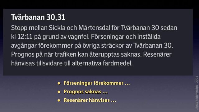 Jonas Söderström • 2024
• Förseningar förekommer …
• Prognos saknas …
• Resenärer hänvisas …

