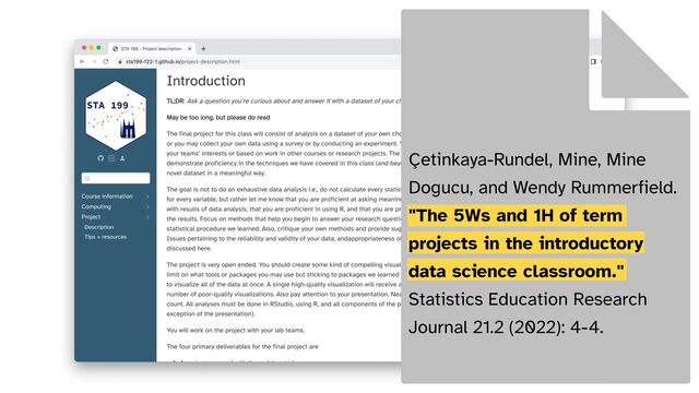 Çetinkaya-Rundel, Mine, Mine
Dogucu, and Wendy Rummerfield.


"The 5Ws and 1H of term
projects in the introductory
data science classroom."


Statistics Education Research
Journal 21.2 (2022): 4-4.
