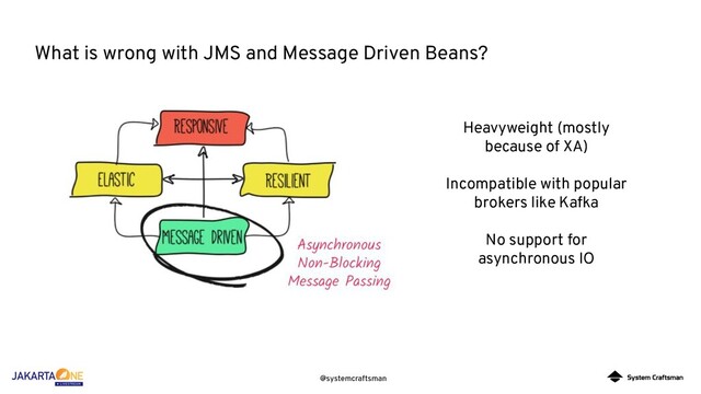 @systemcraftsman
What is wrong with JMS and Message Driven Beans?
Heavyweight (mostly
because of XA)
Incompatible with popular
brokers like Kafka
No support for
asynchronous IO
